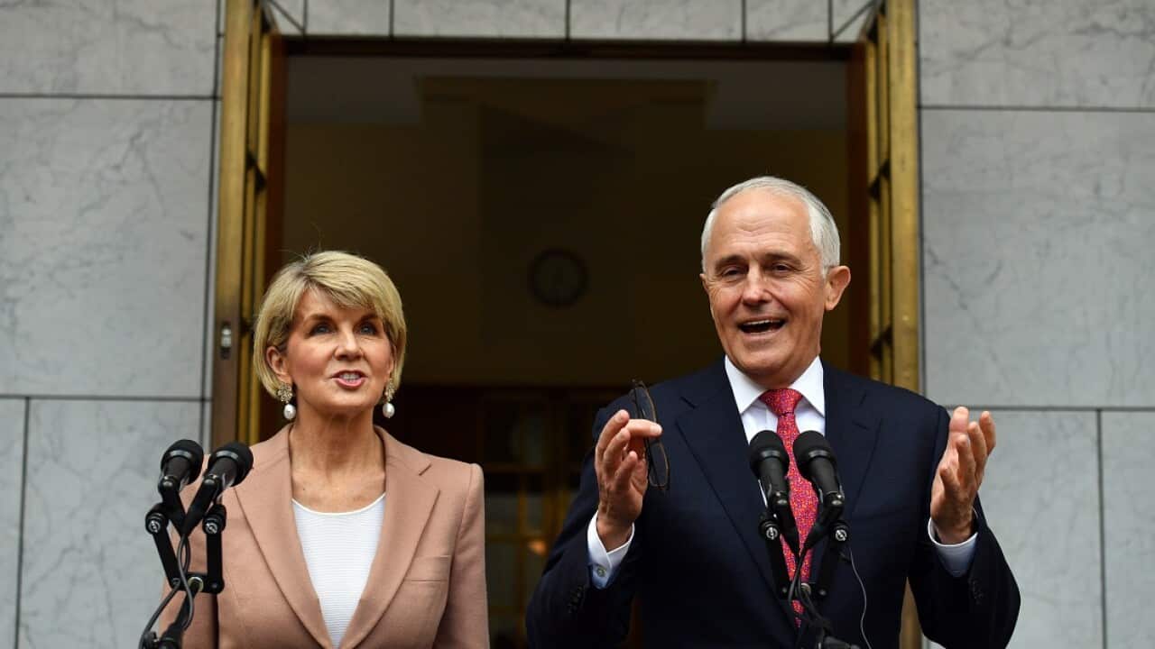 Minister for Foreign Affairs Julie Bishop and Prime Minister Malcolm Turnbull at a press conference at Parliament House in Canberra, Tuesday, August 21, 2018. (AAP Image/Mick Tsikas) NO ARCHIVING