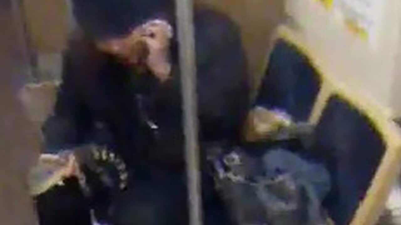 A security camera showing a woman with an alligator