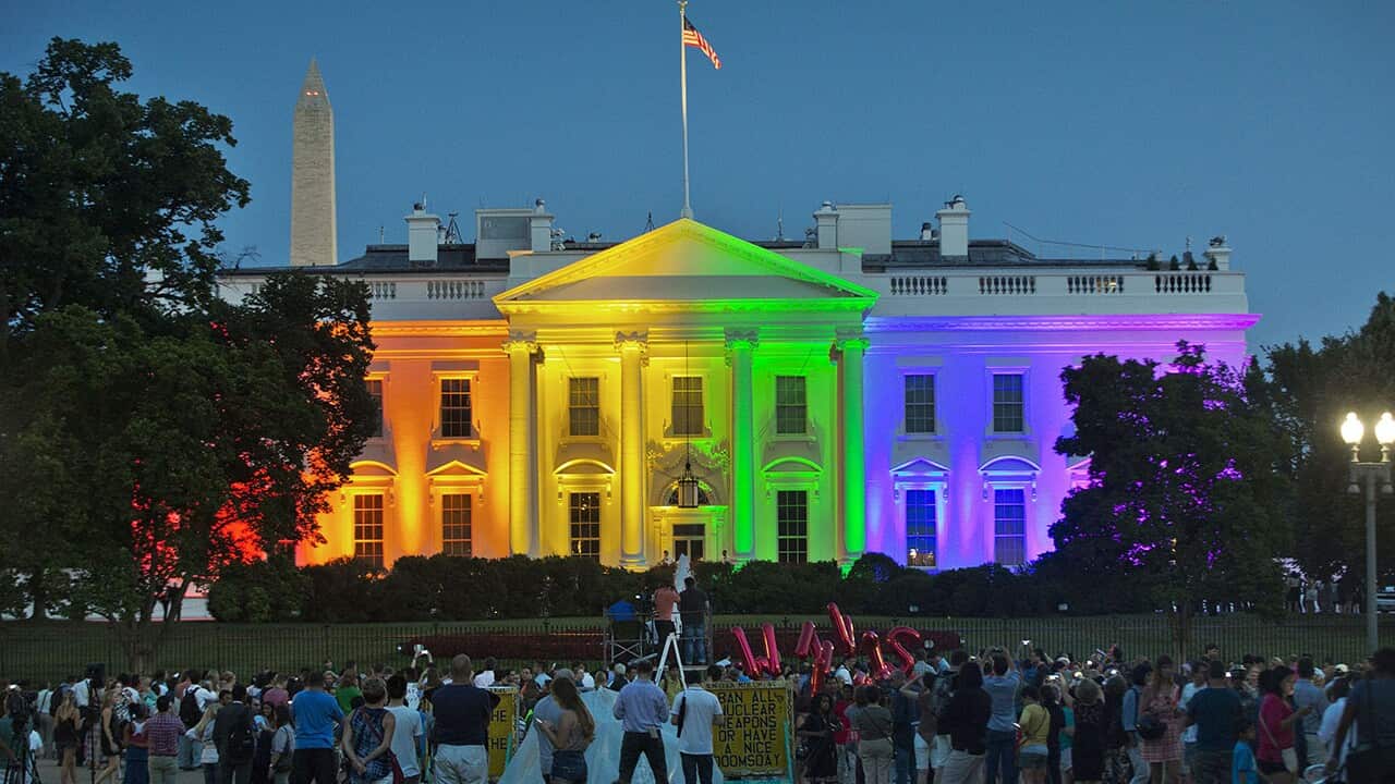 The White House lit up in rainbow colors on 26 June 2015.