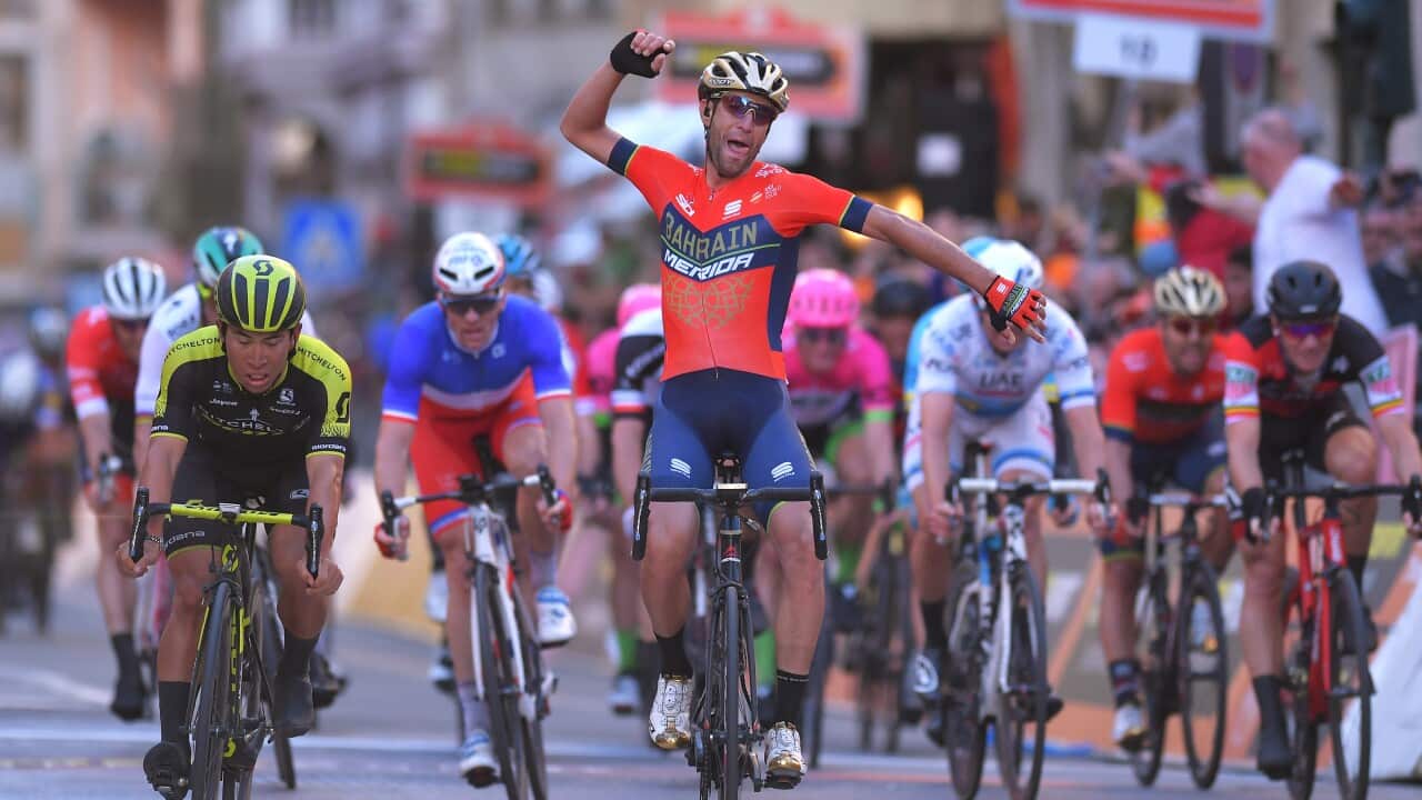 Vincenzo Nibali celebrates his victory at the 109th Milan-Sanremo, March 17, 2018 in San Remo, Italy. (Getty)