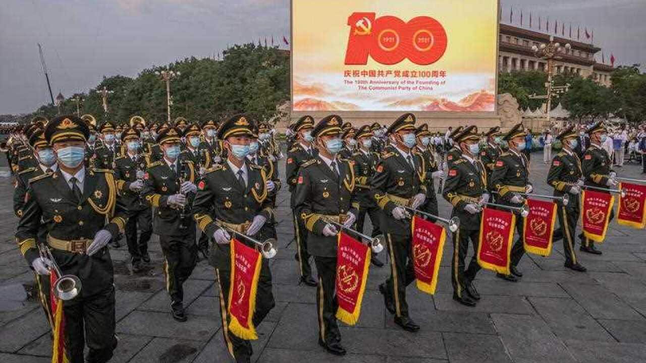 Members of the Chinese military orchestra march on Tiananmen Square before a celebration marking the 100th founding anniversary of the Chinese Communist Party, in Beijing, China, 01 July 2021.
