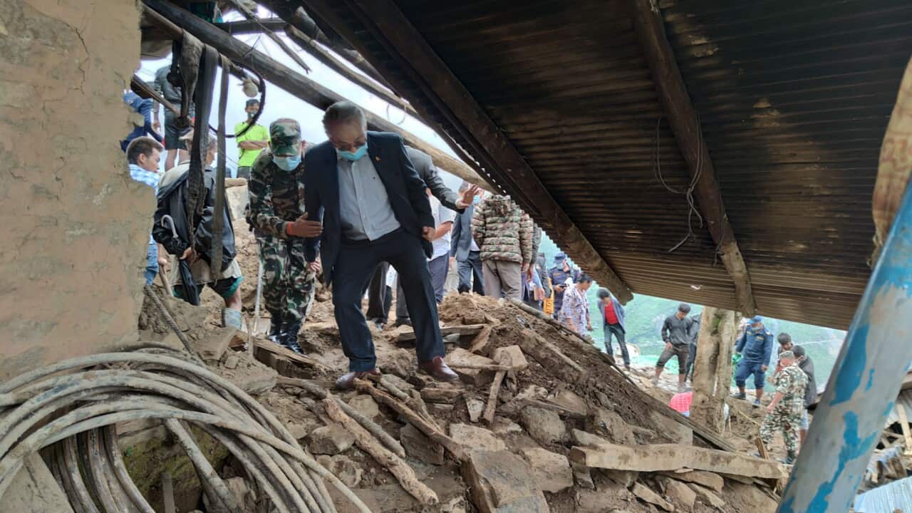 Nepal's Home Minister Ram Bahadur Thapa visits lanslide affected Sindhupalchok