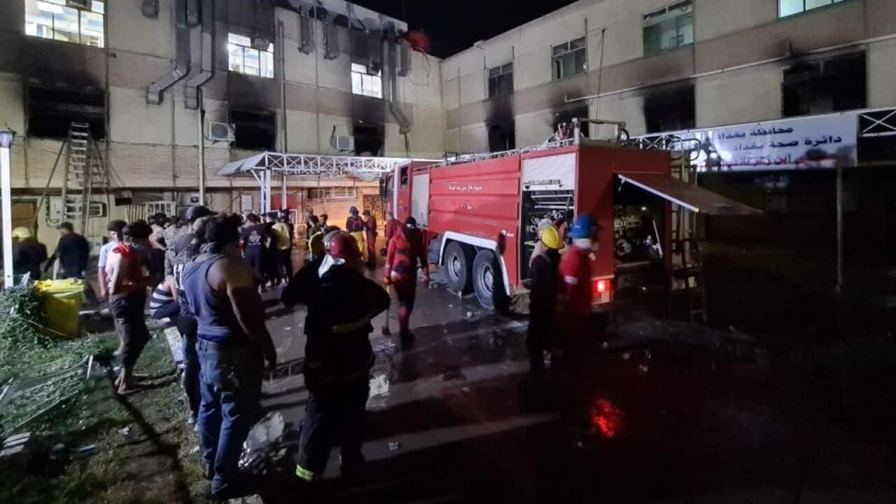 A view of Ibn al-Hatip Hospital as fire erupts at the hospital where coronavirus patients were being treated in Baghdad, Iraq.