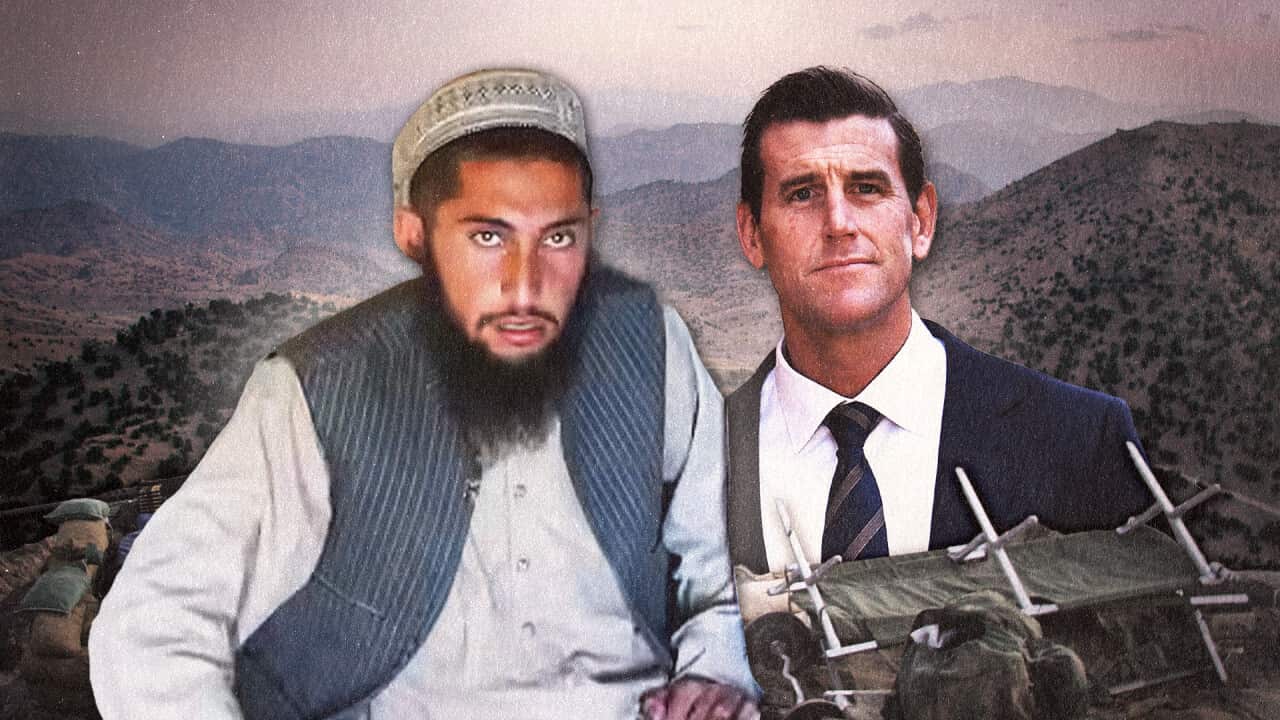 A composite image of a young Afghan man beside a middle-aged white man. A hill and trees are in background.