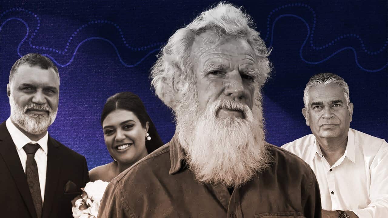 A blue background with Aboriginal artwork. In the foreground an image of Pambalong woman Kumarah Kelly, CEO of Awabakal Local Aboriginal Corporation, with her father and Community Elder, Dr Ray Kelly (left). University of Melbourne Professor, Bruce Pascoe (centre) and Dr Stephen Hagan, a Kullilli man from Queensland (right).