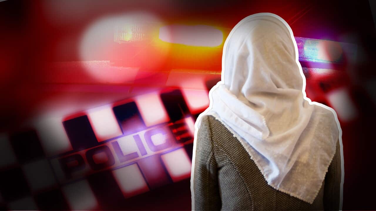Police tape and sirens, with a woman wearing a hijab with her back turned inset.