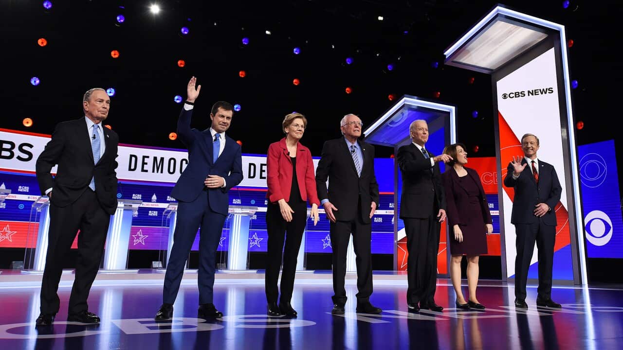 Michael Bloomberg, Pete Buttigieg, Elizabeth Warren, Bernie Sanders, Joe Biden, Amy Klobuchar, and Tom Steyer before the the CBS Democratic Presidential Debate