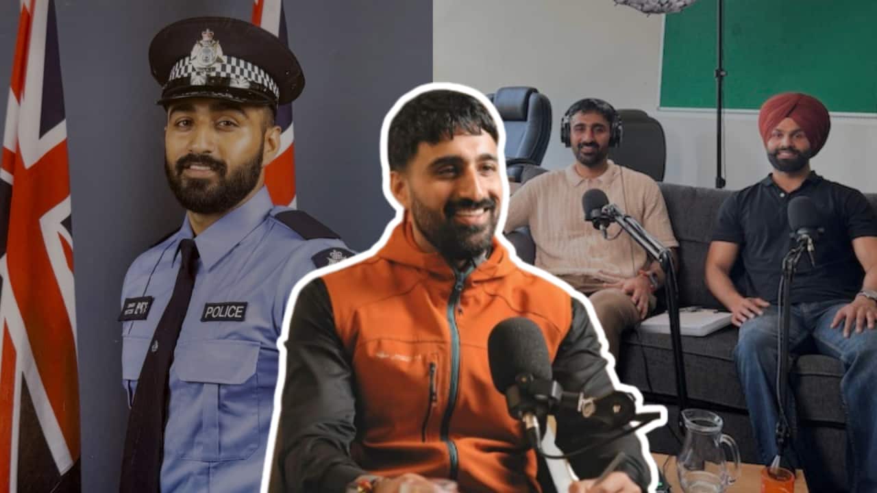 This image is a collage featuring Manpreet Singh Dhillon, the left image shows him in a western australian police uniform while the right image shows him sitting in a podcast studio with his co-host Harry Deol. The image in the foreground is a portrait shot showing Panjabi Pod host Manpreet Singh Dhillon
