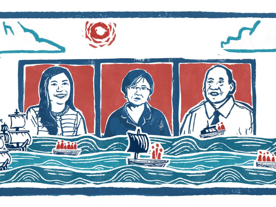 An illustrated picture depicting three people in photo frames hovering over an ocean with a variety of boats sailing across.