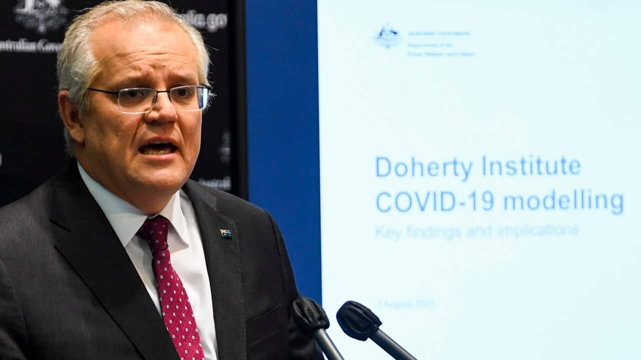 Scott Morrison discussing the Doherty Institute COVID-19 modelling (AAP)p