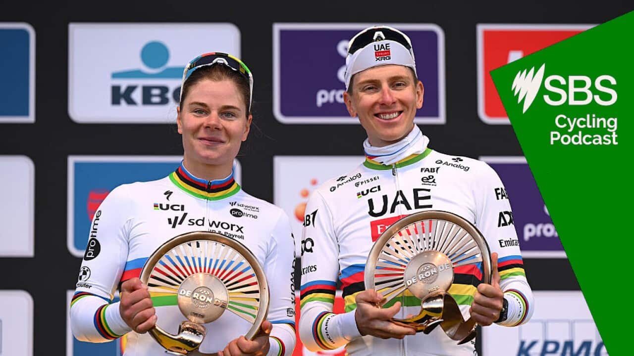 OUDENAARDE, BELGIUM - APRIL 06: (L-R) Women's race winner Lotte Kopecky of Belgium and Team SD Worx - Protime and Men's race winner Tadej Pogacar of Slovenia and Team UAE Team Emirates - XRG celebrate at podium during the 109th Ronde van Vlaanderen - Tour des Flandres 2025 / #UCIWT / #UCIWWT / on April 06, 2025 in Oudenaarde, Belgium. (Photo by Dario Belingheri/Getty Images)