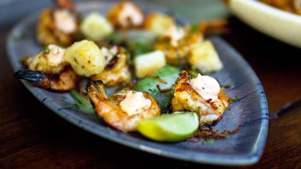 Chilli BBQ prawns with pickled cucumber