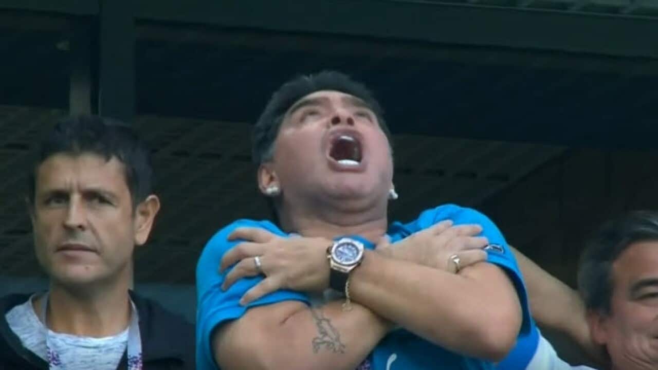 Diego Maradona celebrates a goal in Argentina's win over Nigeria in the World Cup.