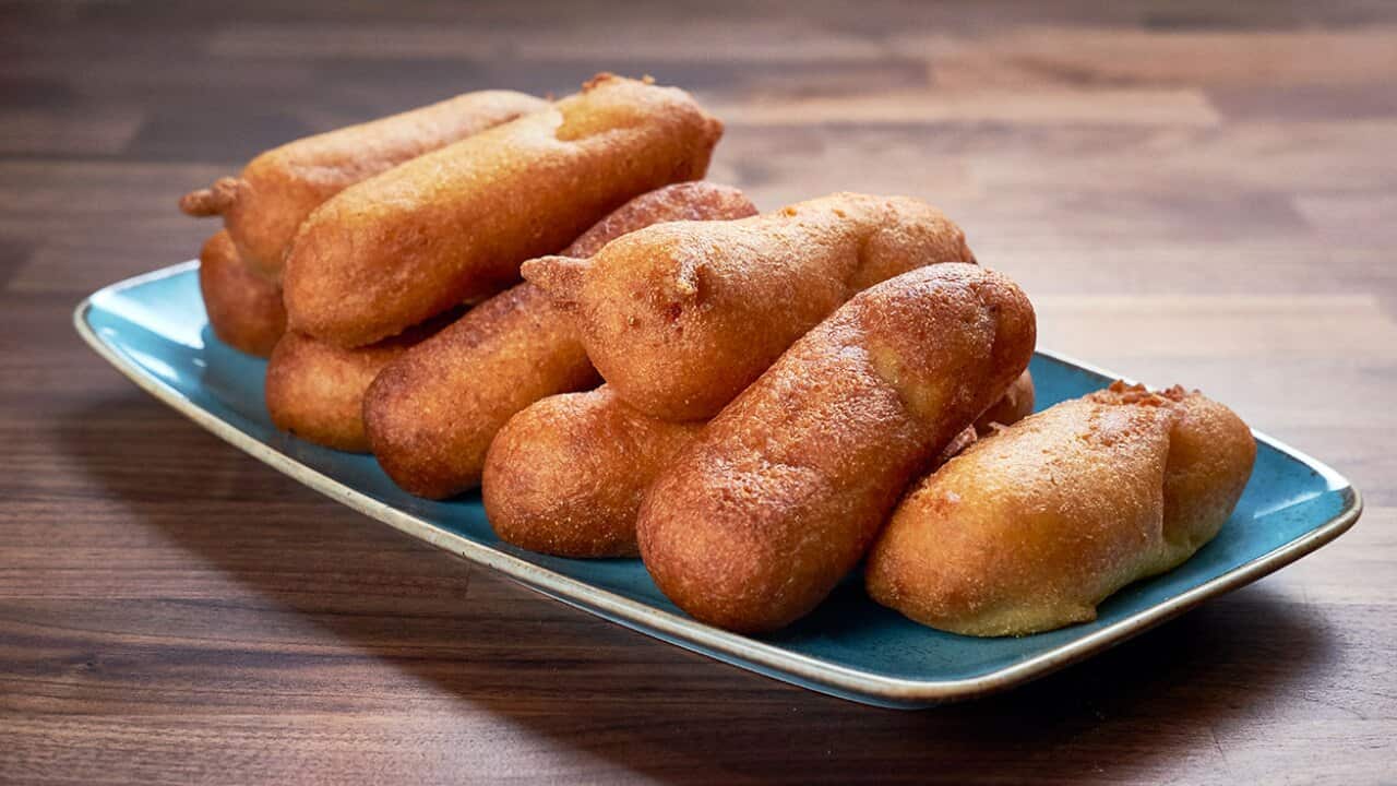 Corndog mac and cheese with spicy ketchup