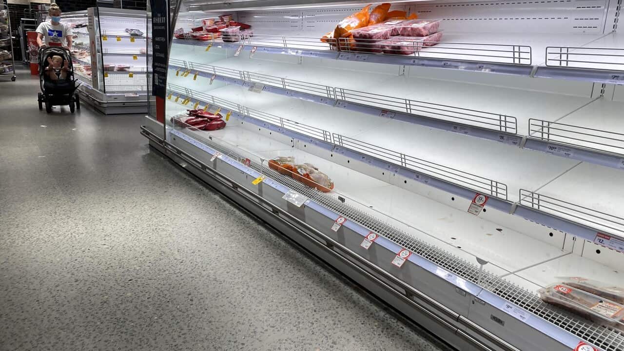 Empty shelves of meat products are seen at a supermarket in Sydney on 7 January 2022.