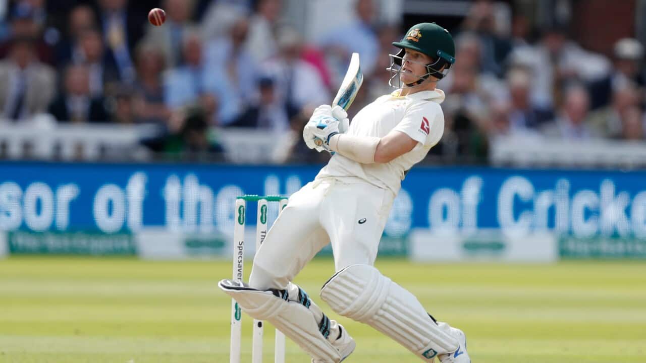 Australia's Steve Smith avoids a short ball from England's Chris Woakes