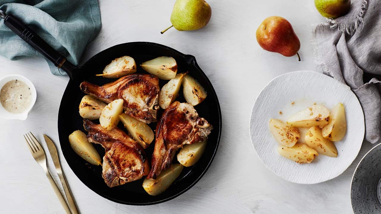 Roasted pork chop, baby corella pear and mustard