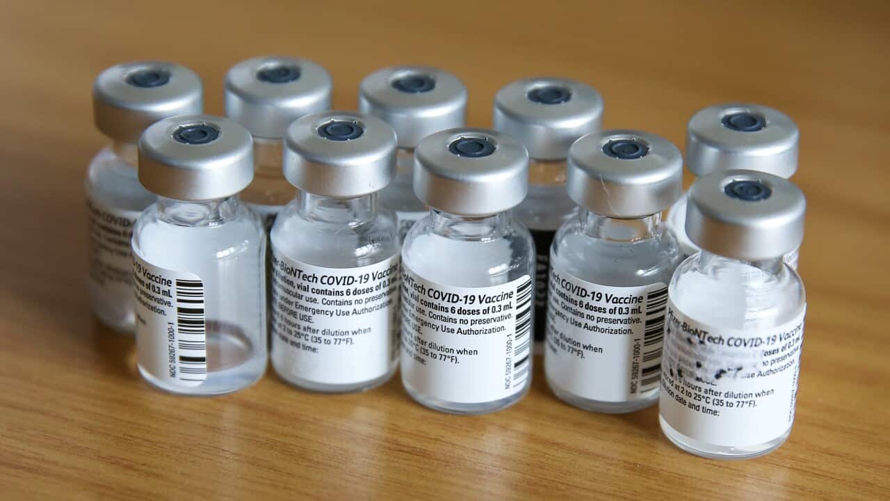 Pfizer Covid-19 vaccine vials seen displayed on a table at a vaccination centre. (Photo by Dinendra Haria / SOPA Images/Sipa USA)