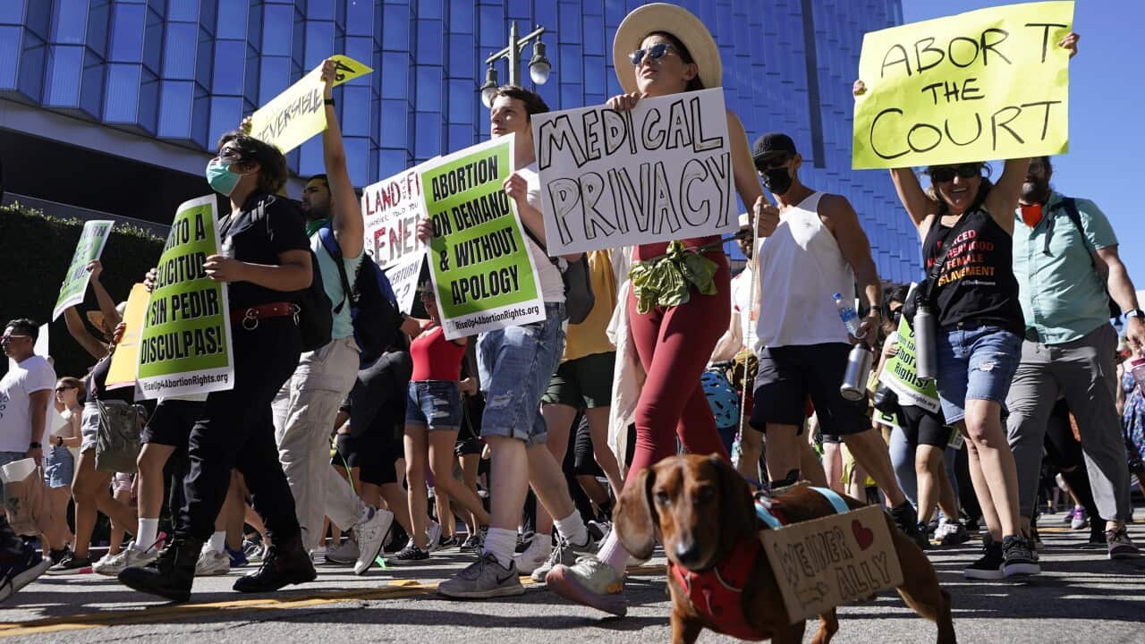 Supporters of abortion rights hold a rally outside the First Street US Courthouse, Central District of California, in downtown Los Angeles.