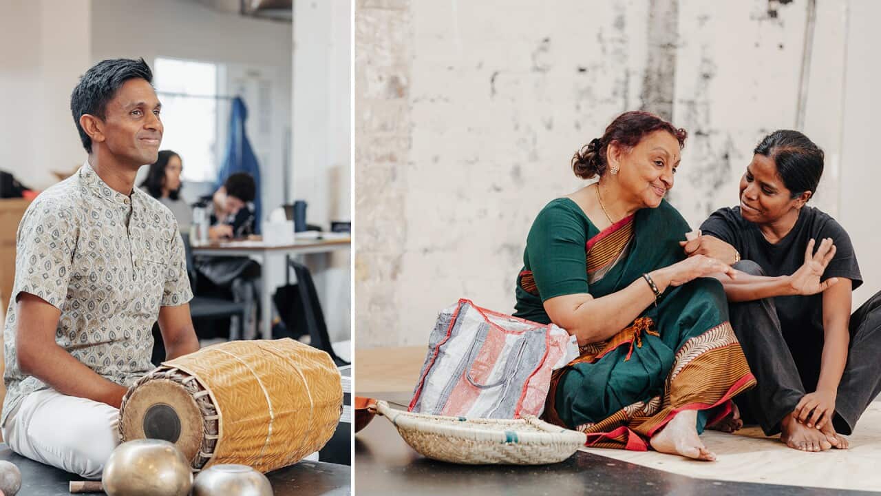 Arjunan Puveendran (Left); Anandavalli & Kalieaswari Srinivasan (Right) during the rehearsals of "The Jungle and the Sea"
