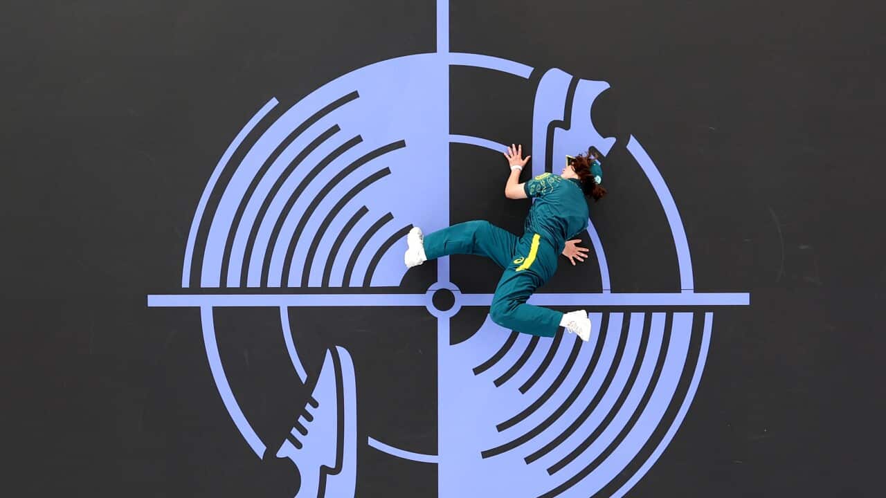 An aerial shot of Rachael Gunn break dancing at the Paris Olympics.