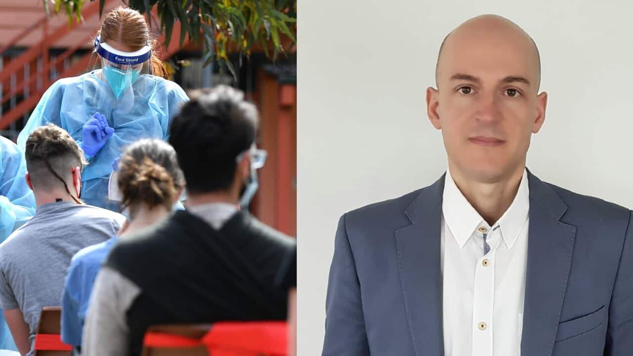 Pop-up Covid-19 vaccination hub at the Addison Rd, Community Organisation in Sydney (L) Dr Hristijan Milenkovski, GP Warrawong Medical Centre (R)