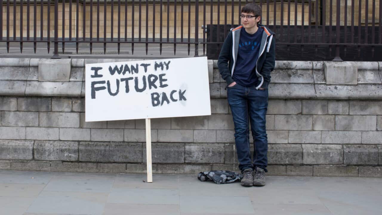 A teenage boy protesting against Brexit in London