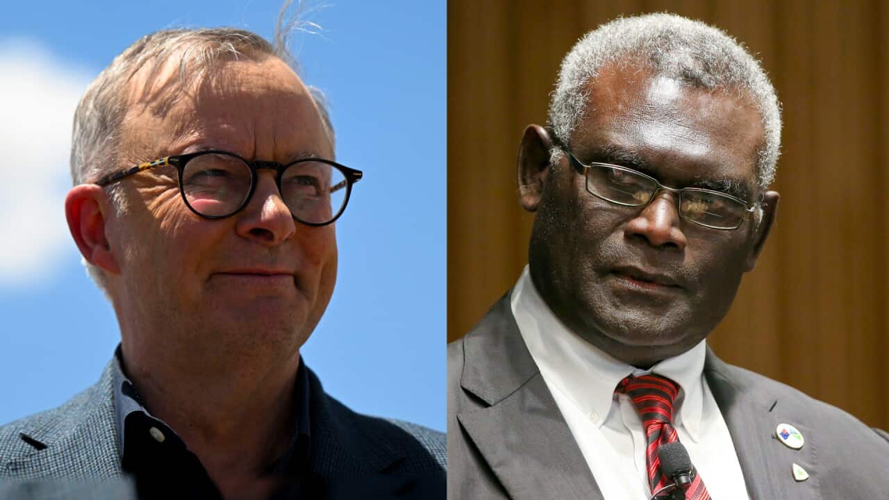 An image of Australian Prime Minister Anthony Albanese next to an image of Solomon Islands Prime Minister Manasseh Sogavare.