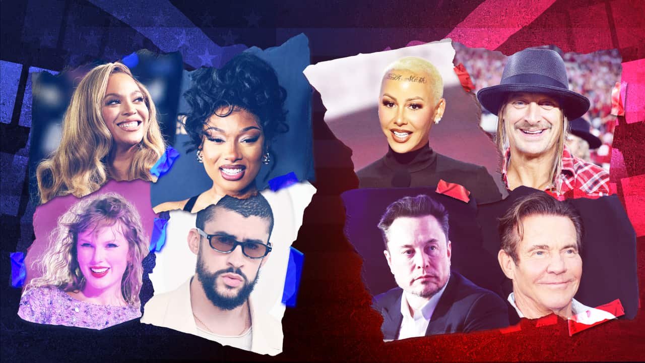 A composite image of celebrity heads on a blue and red background