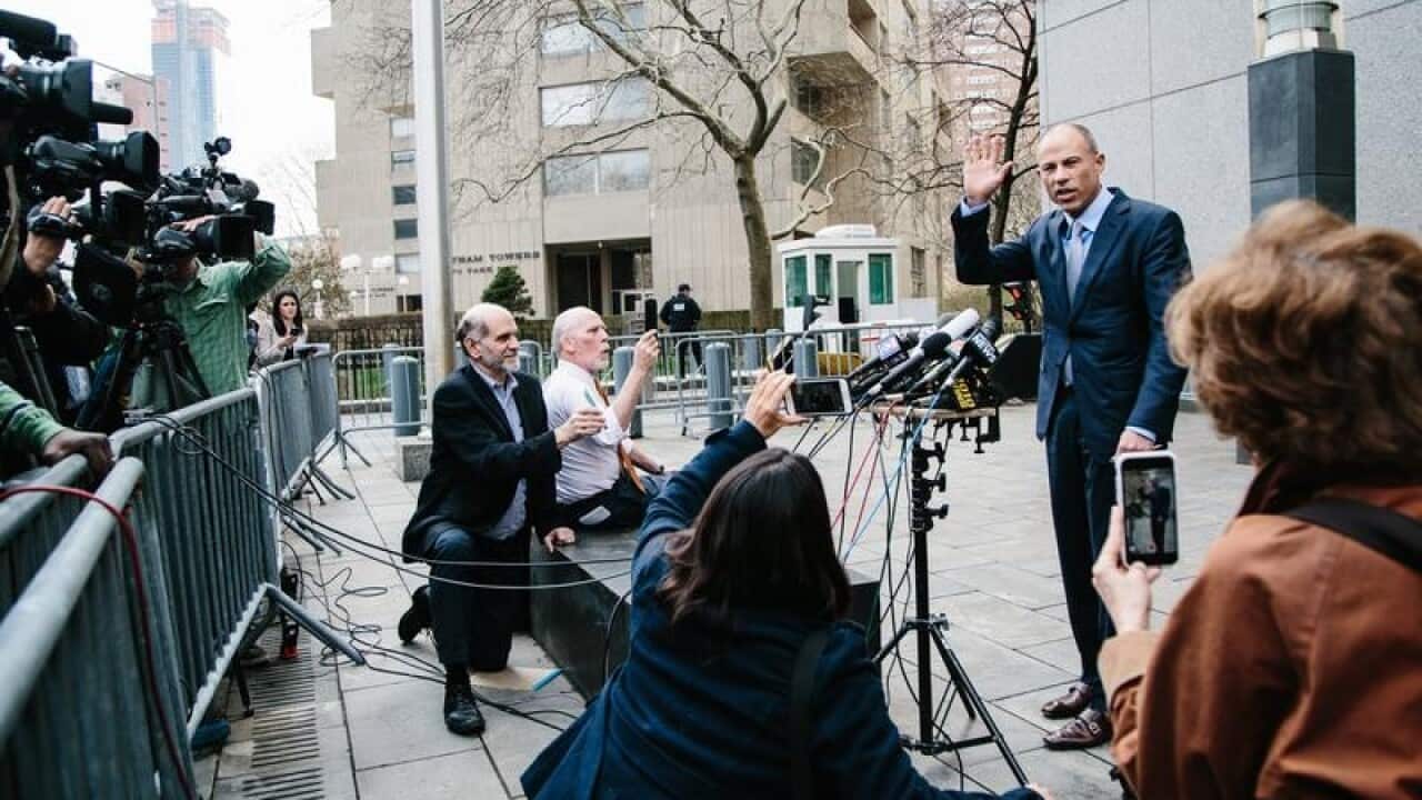 Stormy Daniels' attorney Michael Avenatti speaks to the press