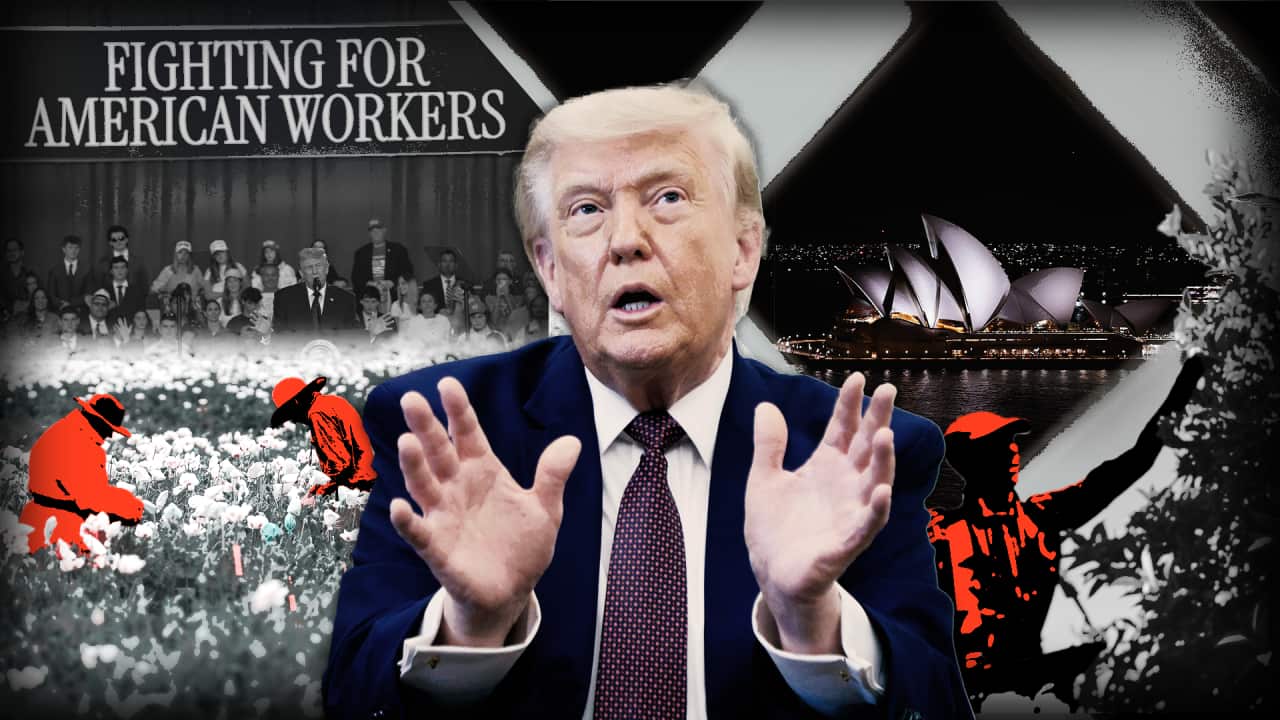Illustration of Trump over labour imagery and Sydney, referencing trade and forced labour debates.