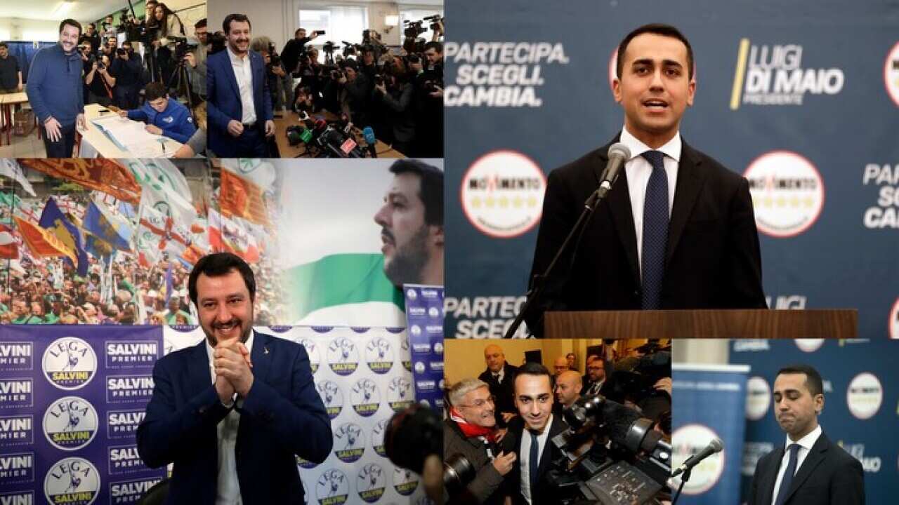 Lega leader Matteo Savini (L) and Luigi Di Maio from the Five Star Movement