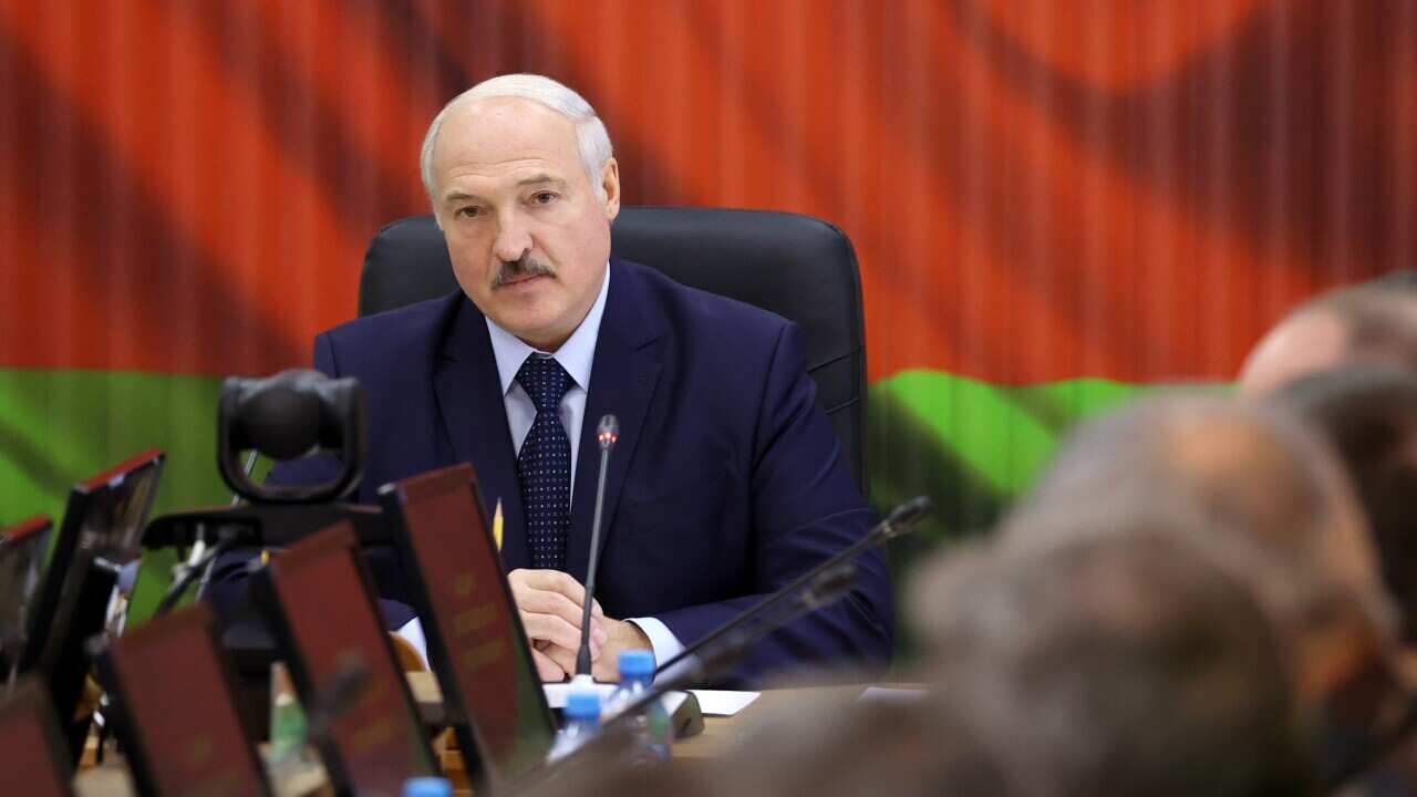 Belarus President Alexander Lukashenko holds a meeting in the Strategic Management Centre of the Belarusian Defence Ministry on 15 August.