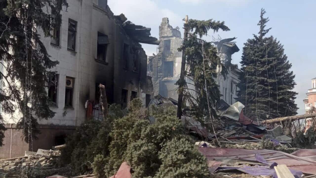 The drama theatre, damaged after shelling, in Mariupol, Ukraine