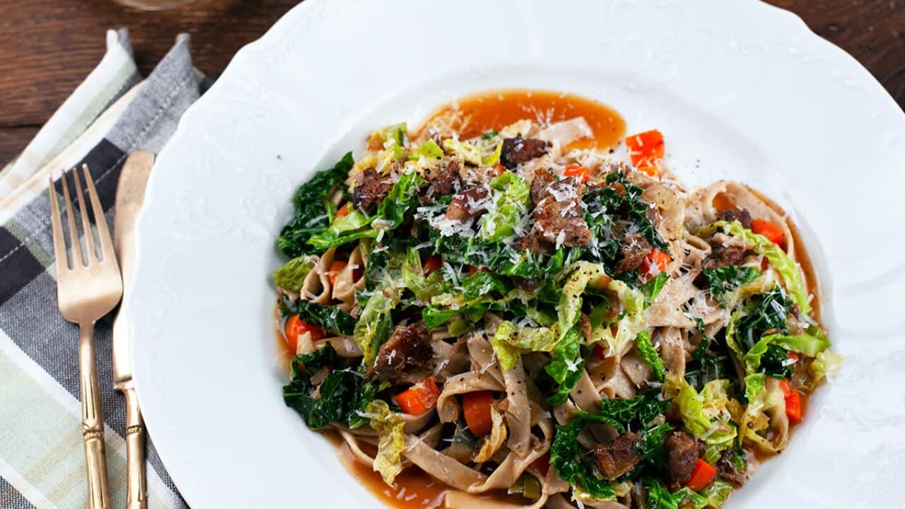 Chestnut pasta with pork and cabbage