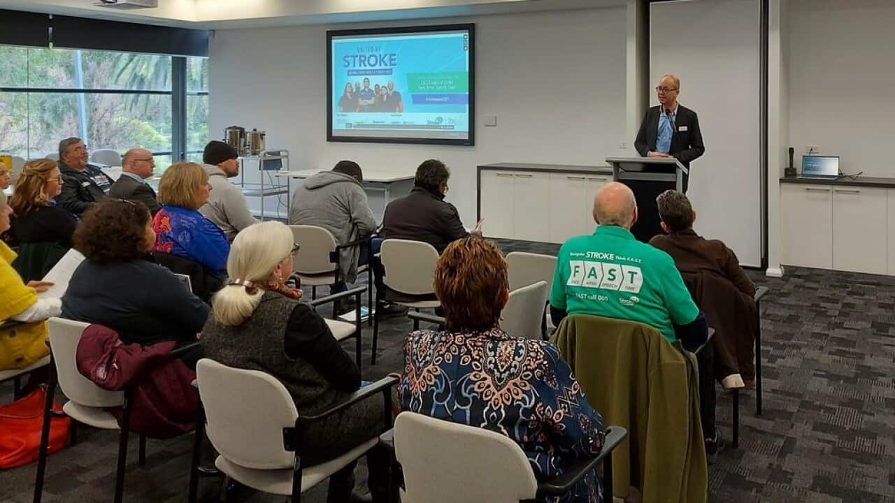 Luke Hays at the WA launch. In the audience, there are 3 members of the Kickett family whose stories feature in the resource.