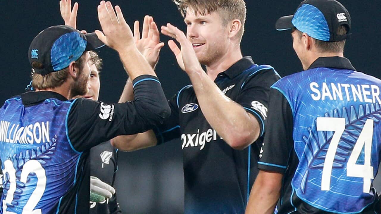 New Zealand's James Neesham (C) celebrates a dismissal