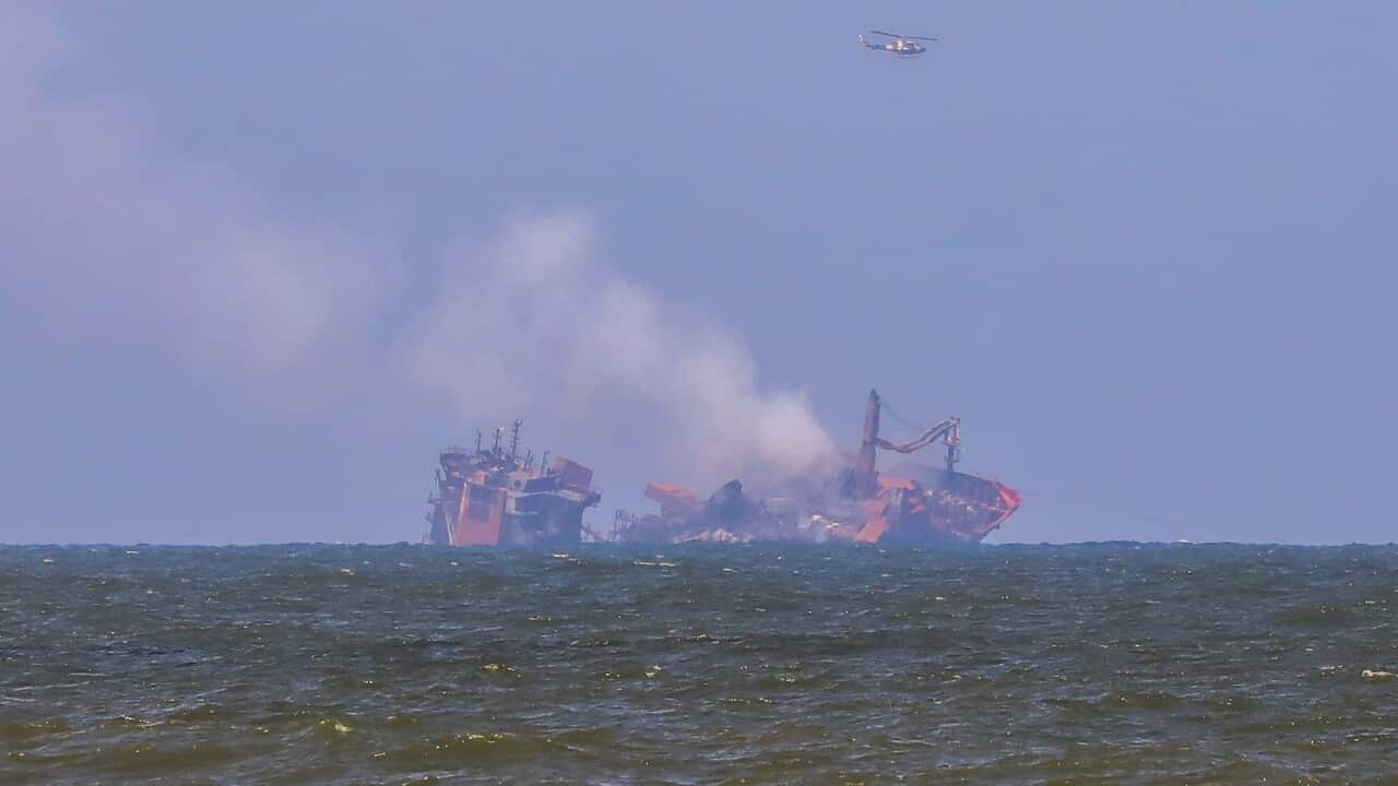 Smoke rises from the fire gutted and crippled container cargo vessel MV X-Press Pearl in Sri Lanka, 2 June 2021.
