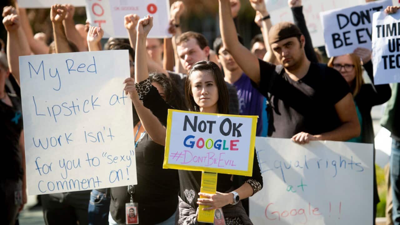 Workers protest against Google's handling of sexual misconduct allegations at the company's Mountain View headquarters in California