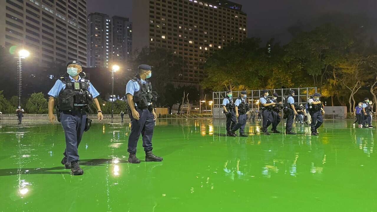 Authorities temporarily close Hong Kong's Victoria Park where a candlelight vigil used to be held to commemorate Tiananmen Square (AAP)