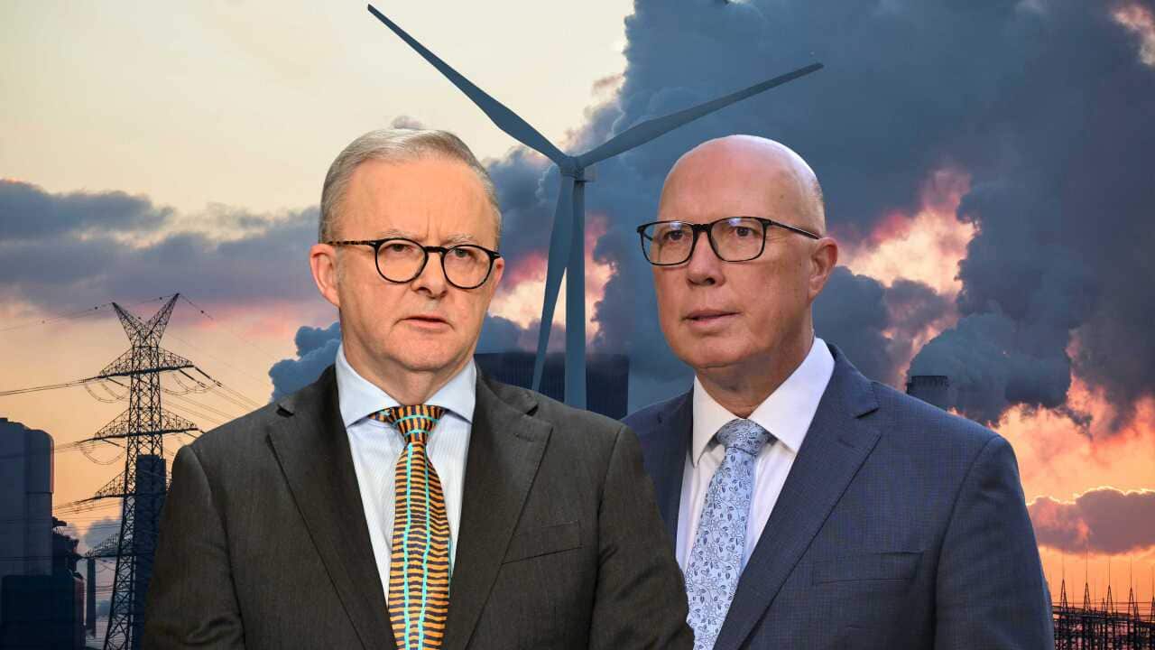 Inset photos of Anthony Albanese and Peter Dutton in front of a background photo of a wind turbine and power station.