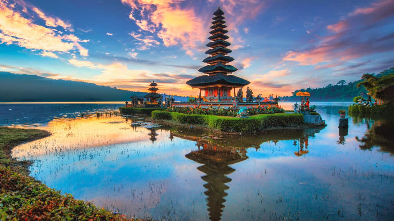 Pura Ulun Danu Bratan. Hindu temple on Bratan lake landscape. One of famous tourist attraction in Bali. Indonesia