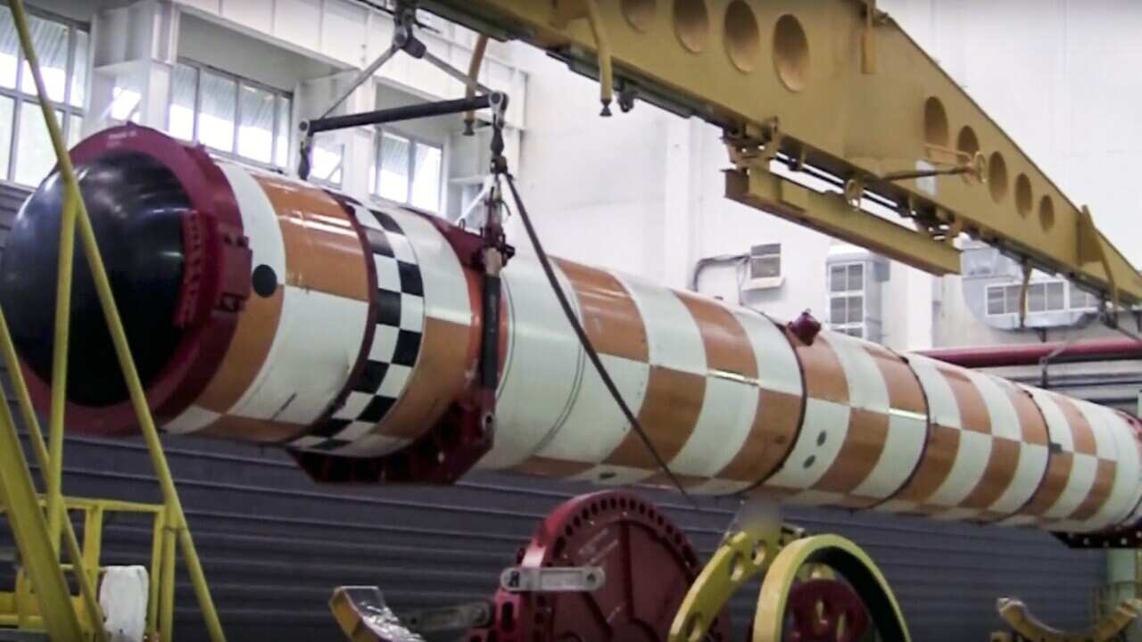 A Russias Poseidon nuclear-powered underwater drone is seen being test-launched somewhere in Russia.