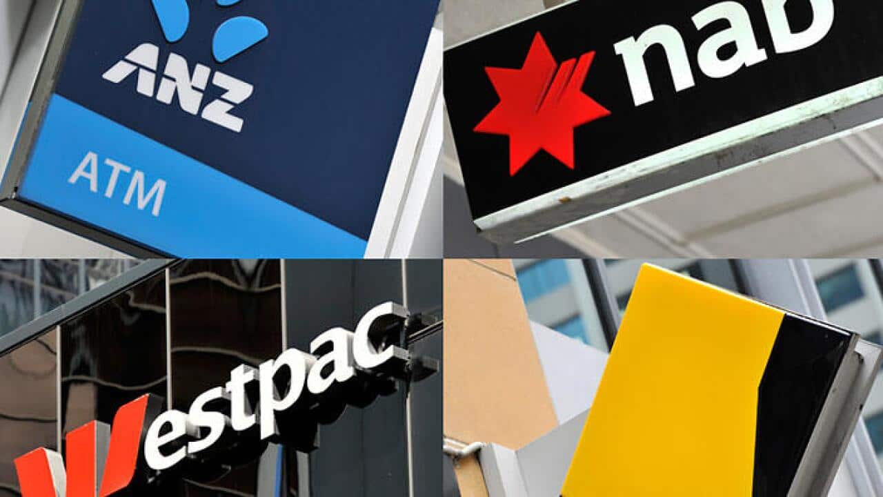 A composite image of signage of Australia's 'big four' banks ANZ, Westpac, the Commonwealth Bank (CBA) and the National Australia Bank (NAB) signage in Sydney, Friday, Oct. 23, 2015. (AAP Image/Joel Carrett) NO ARCHIVING
