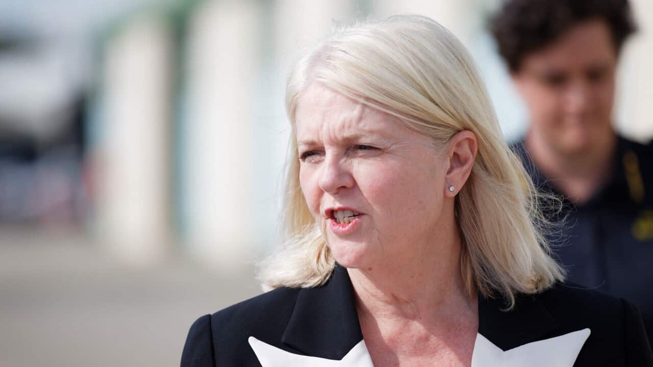 Minister for Home Affairs Karen Andrews speaks to the media during a press conference at Fremantle Harbour, Wednesday, April 6, 2022. (AAP Image/Trevor Collens) NO ARCHIVING