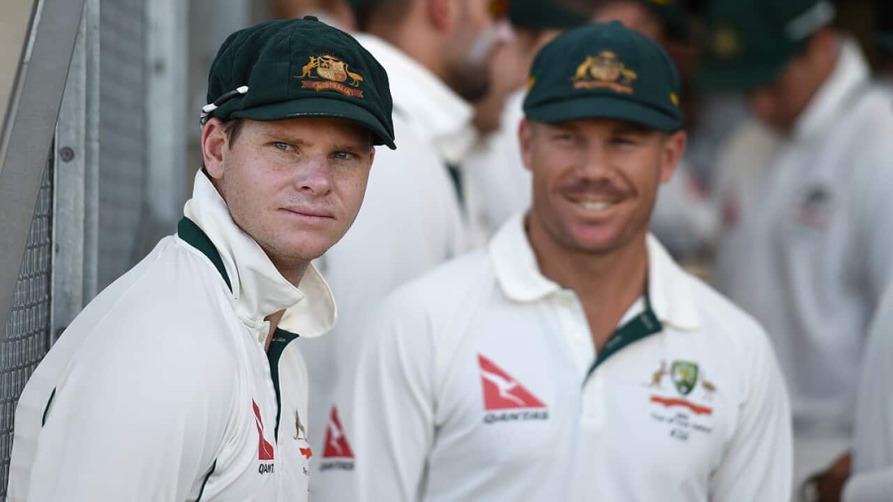 Australian captain Steve Smith, left, and Dave Warner stand down after the ball tampering incident n South Africa.