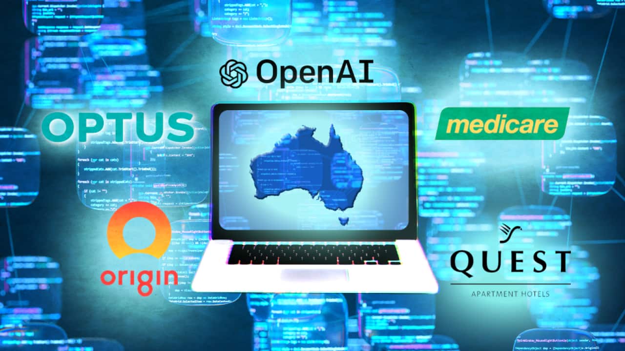 A composite image showing a laptop and the names of businesses such as OpenAI, Optus and Origin