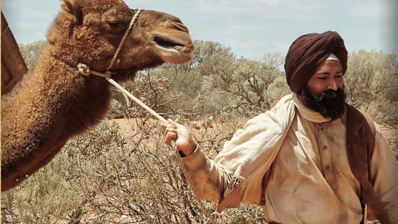 A still from the film The Furnace, showcasing cameleers in outback Australia in the 19th century