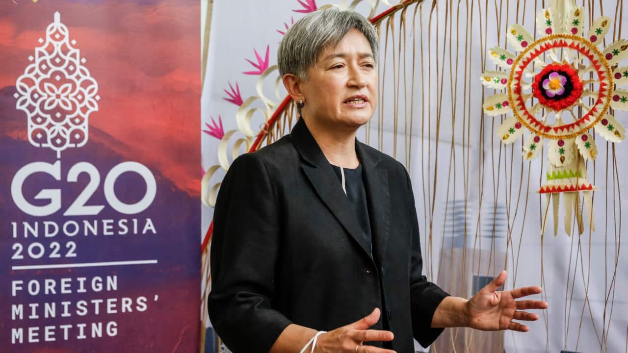 Australian Foreign Minister Penny Wong addresses media at Ngurah Rai International Airport in Kuta, Bali, Indonesia,