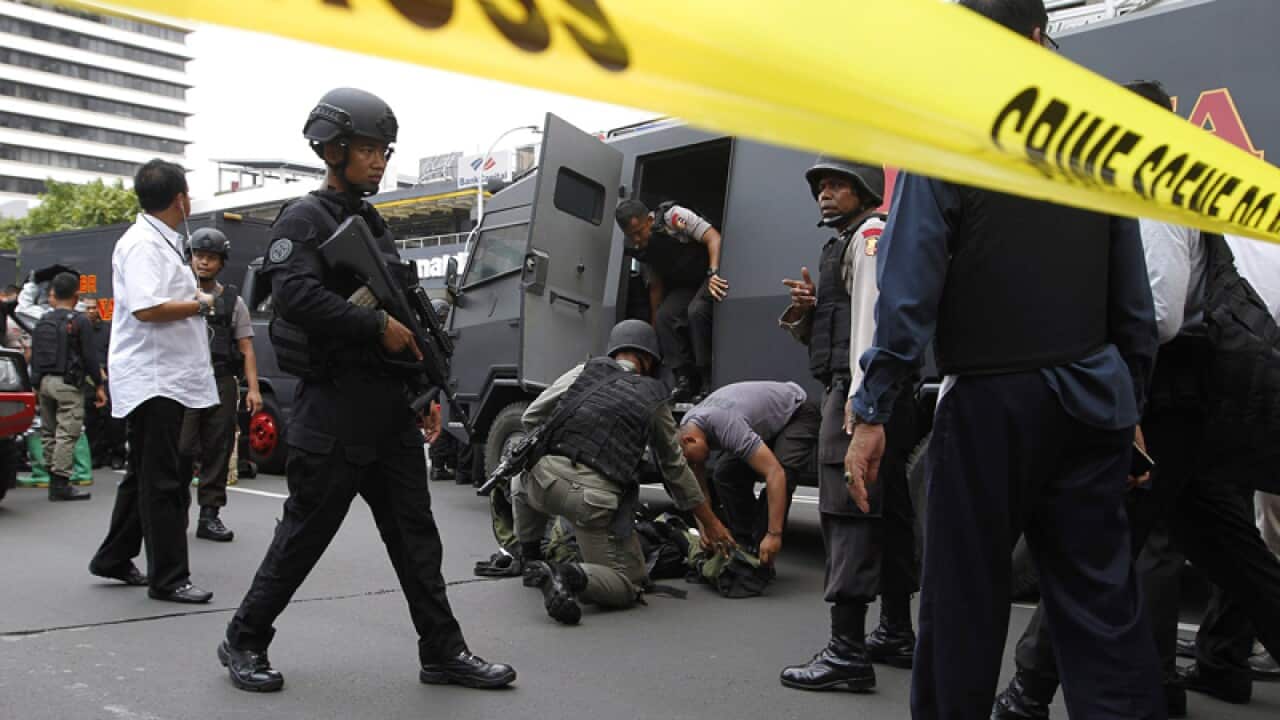 Indonesian special forces at the scene of a bomb blast in Jakarta